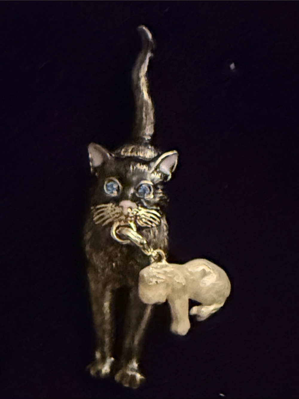 Kirks Folly Black and Gold Cat Pendant with Dangling Gold Kitten